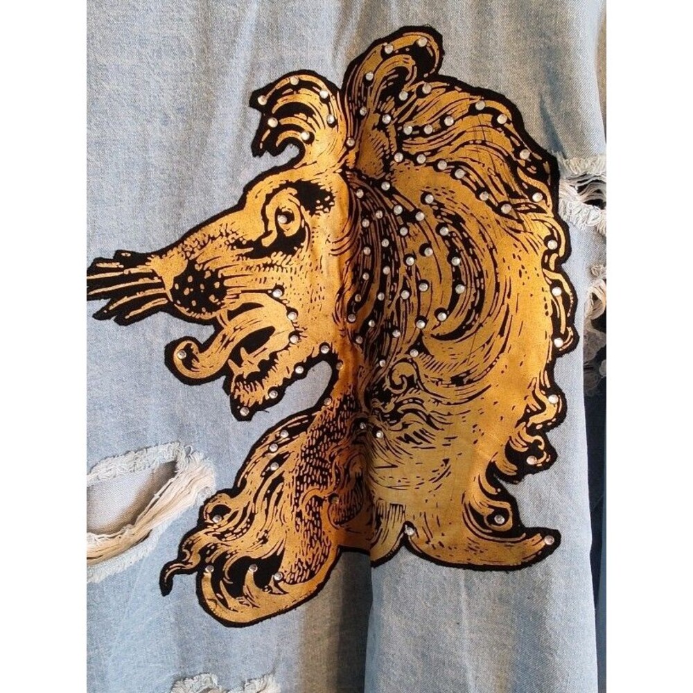 Men's Fashion Nova Men Royal Big Gold Leon Distressed Blue Cotton Shirt Size XXL